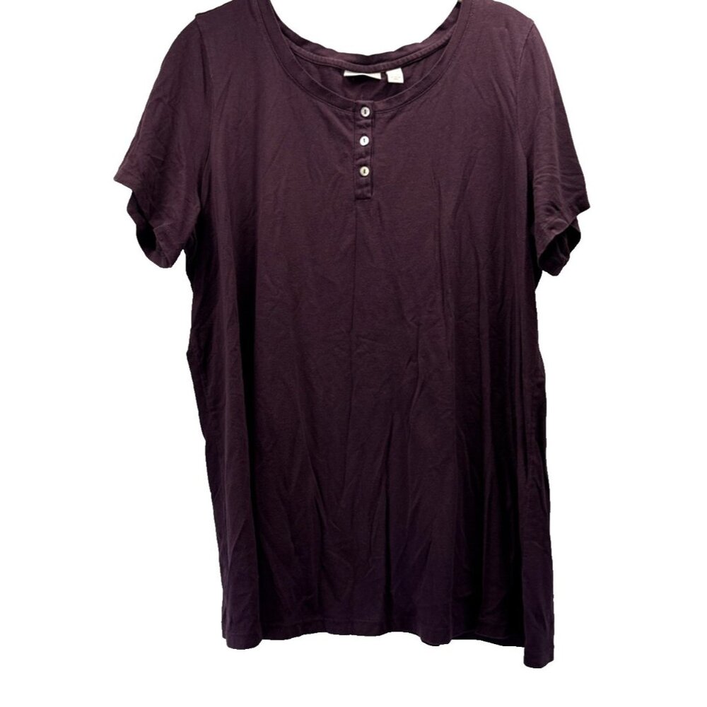 LOGO Lori Goldstein Women's‎ Top 1X Solid Burgundy Buttons Short Sleeve Pullover